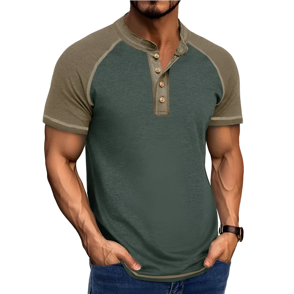Men's thin cotton blend short sleeve pullover top in a black and khaki colour block with raglan sleeves.