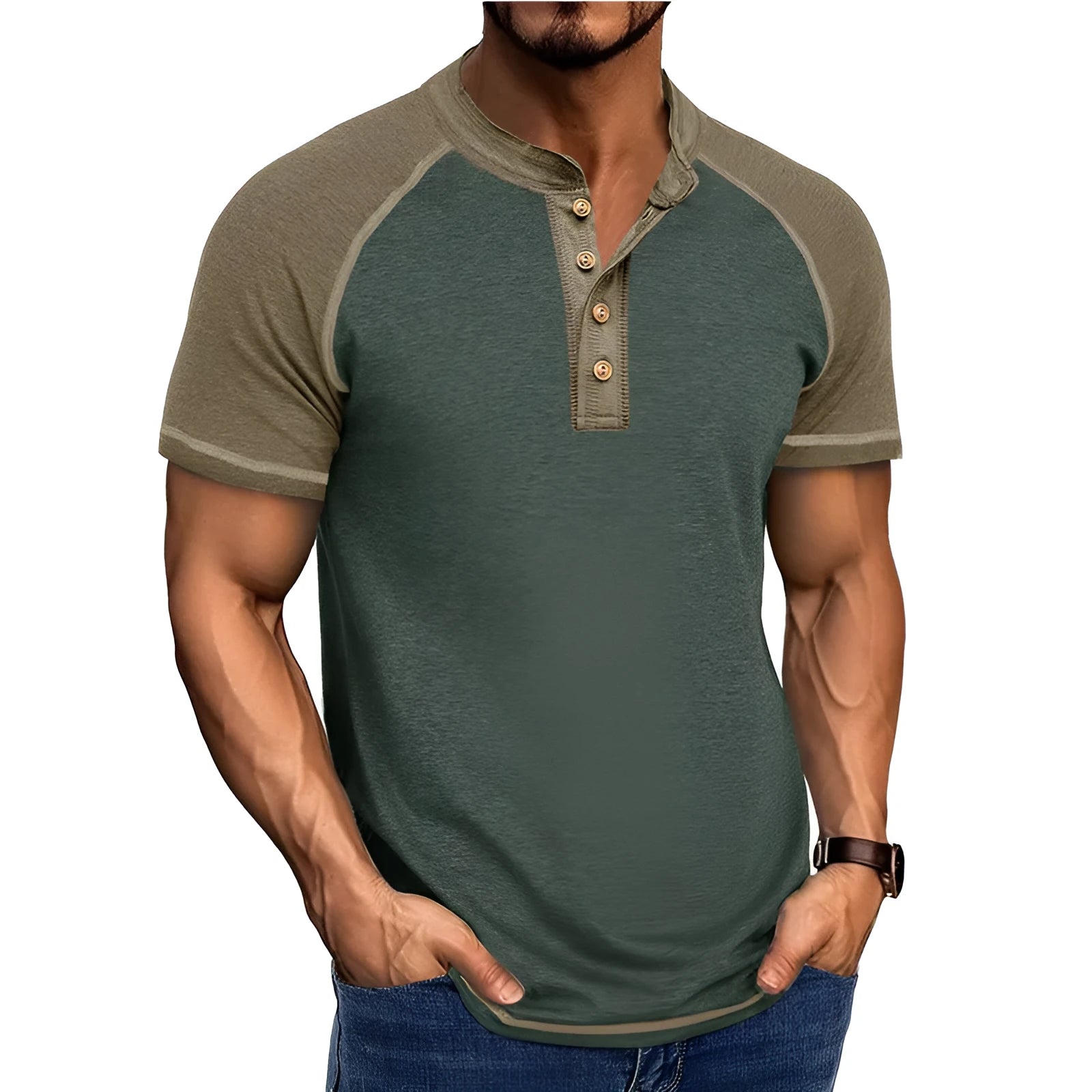 Men's thin cotton blend short sleeve pullover top in a black and khaki colour block with raglan sleeves.