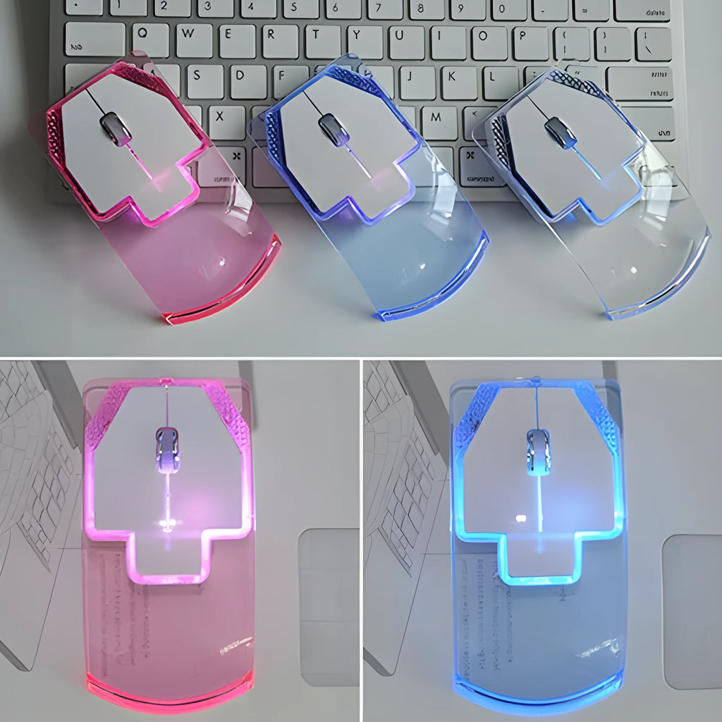 Ultra-thin transparent 2.4GHz wireless optical luminous mouse with blue glow on white desk