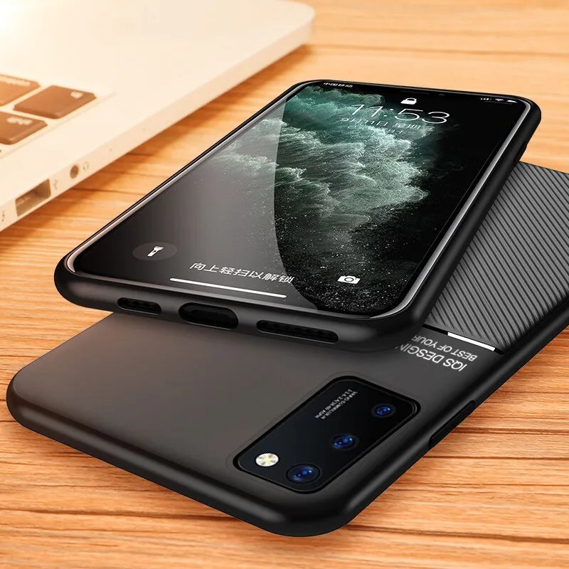 Magnetic friction phone case for Huawei P30 Pro Mate 20 in black PU leather and iron sheet back cover
