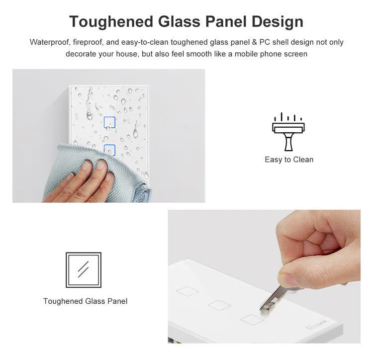 White tempered glass smart touch wall switch with single gang design on a wall