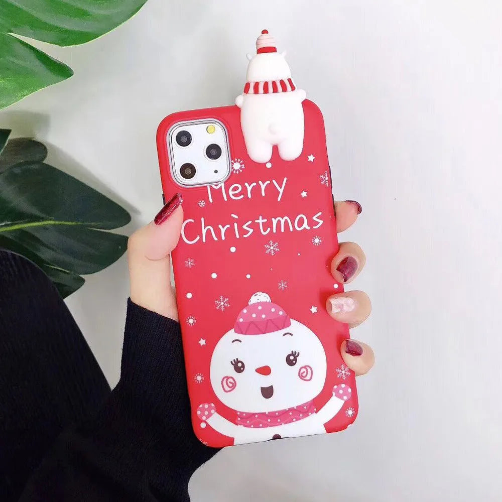 Festive Christmas silicone back cover case for various iPhone models on a red background.