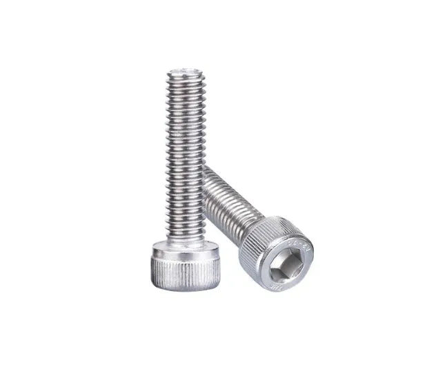 Stainless steel turntable cartridge mounting kit with allen bolts, nuts, washers, and two allen keys.