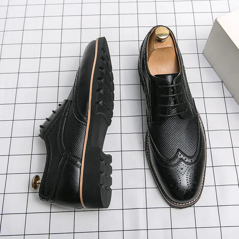 Men's black leather business formal pumps low top round toe PU sole with sewing line detail on side view