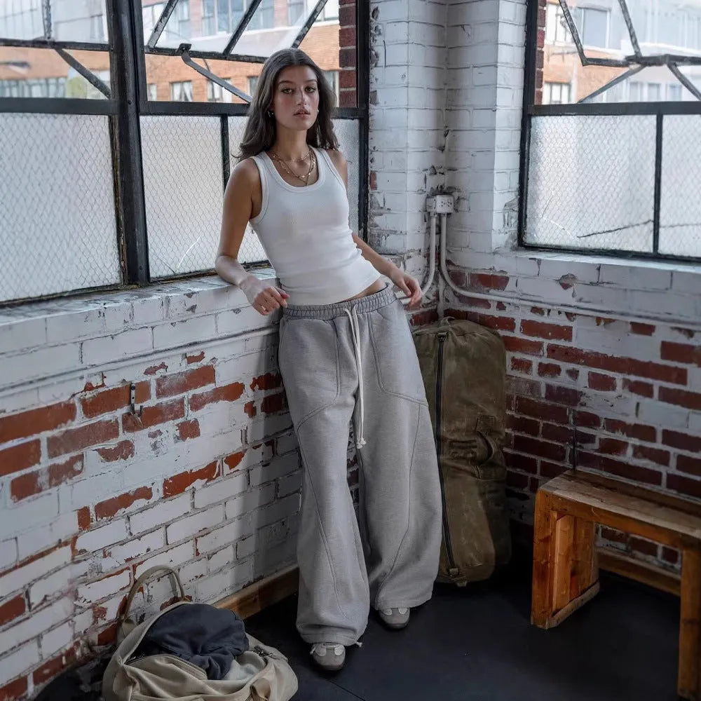 Men's and women's embroidered wide-leg loose sweatpants in gray cotton with mid-waist elastic waistband