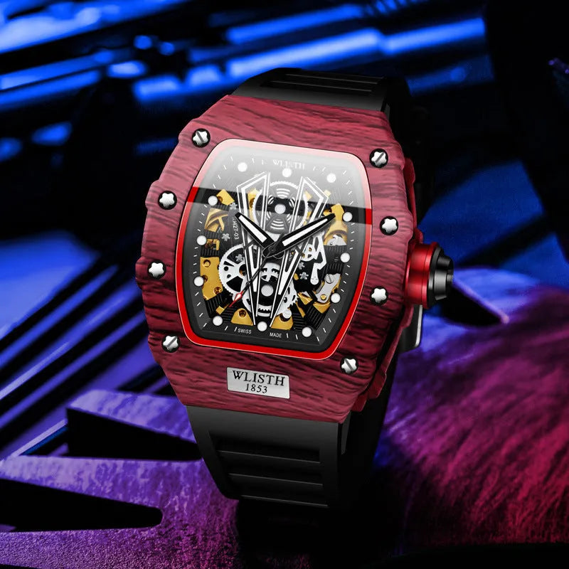 Automatic mechanical watch for men with black case, black strap, luminous dial, and 44mm size