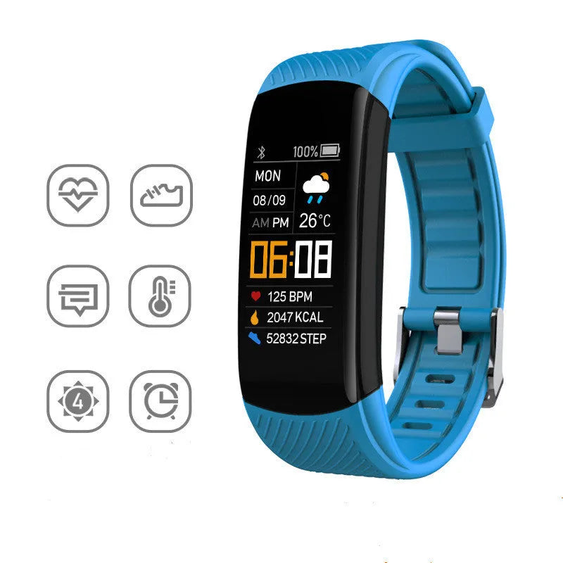 Adult sports silicone pedometer bracelet with a 0.96-inch touchscreen display on a wrist.