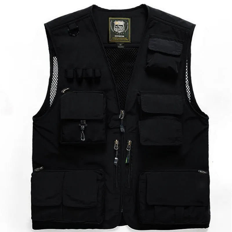 Cotton multi-pocket fishing vest with ribbed hem, available in army green, khaki, dark blue, black, red, orange