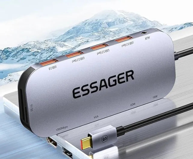 11-in-1 USB-C expansion dock hub with Gigabit Ethernet port and 20cm cable