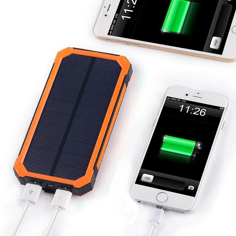 Solar power bank in orange, green, black or yellow with universal charging cable, showing solar panel.