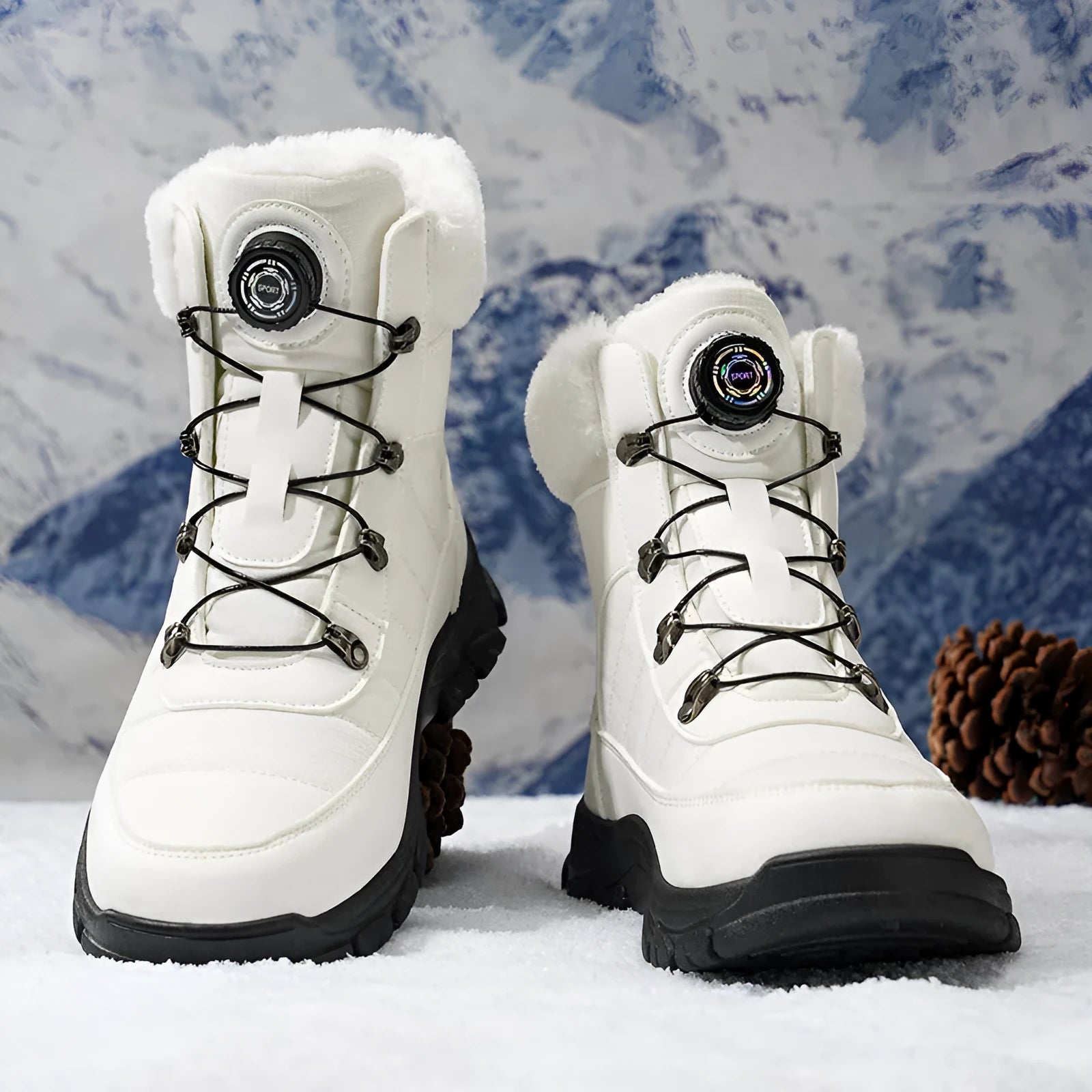 Men's fleece-lined thickened snow boots in black, round toe, artificial PU upper, side view