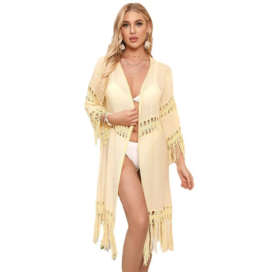 Yellow hand-crocheted acrylic beach cardigan with tassel stitching, loose fit for women's swim cover-up
