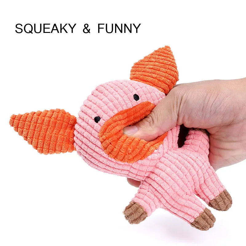 Animal shaped plush squeaky dog chew toy in assorted colours including blue, brown, and cow print.