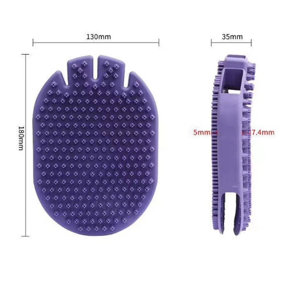 Purple dual-sided silicone pet shampoo and massage brush with soft TPR bristles