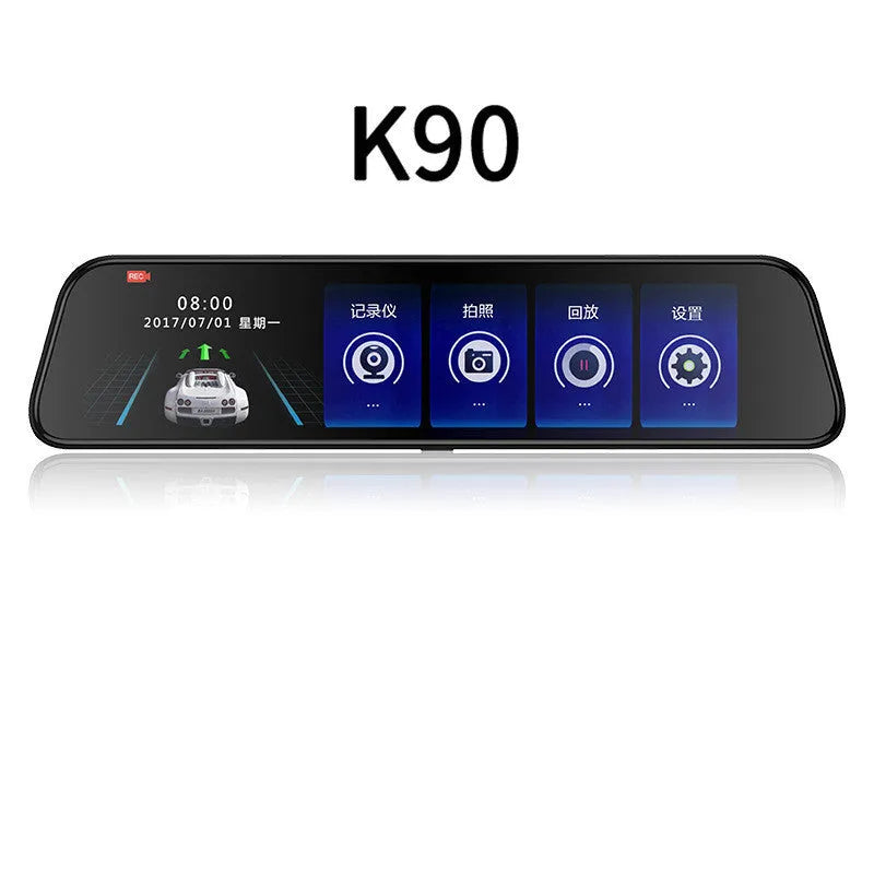 Black 12-inch rearview mirror car dash cam with touch screen and wide-angle lens