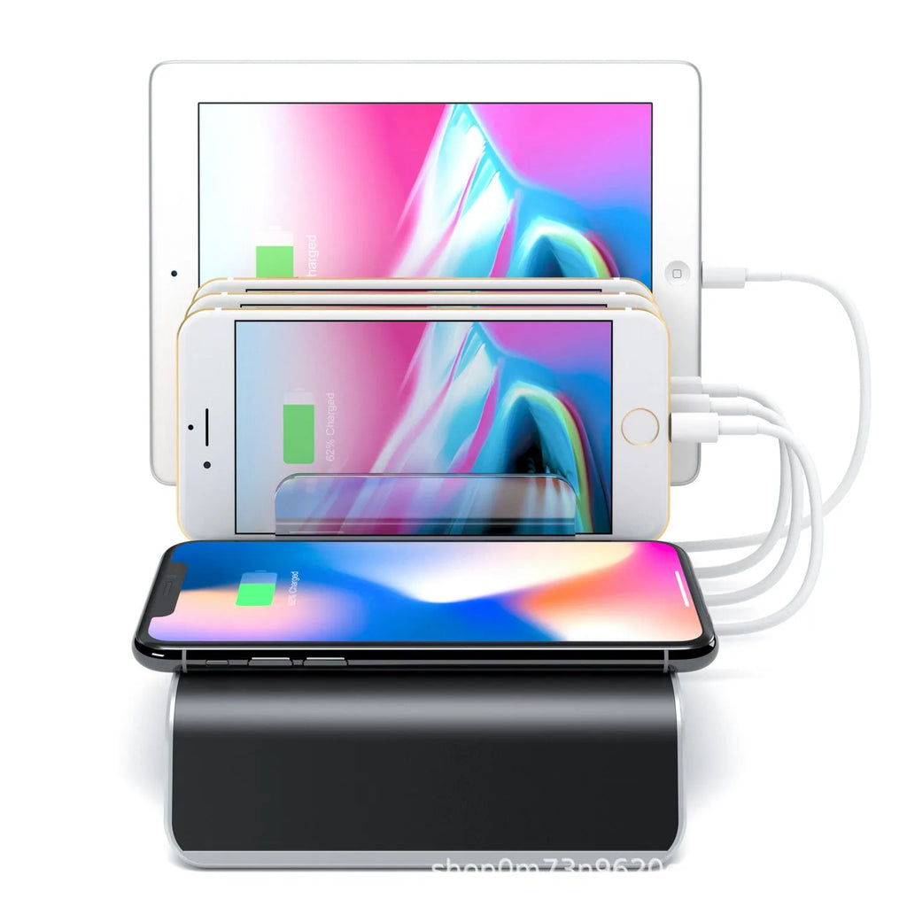Black universal charging stand base for mobile phones and tablets on a desk.