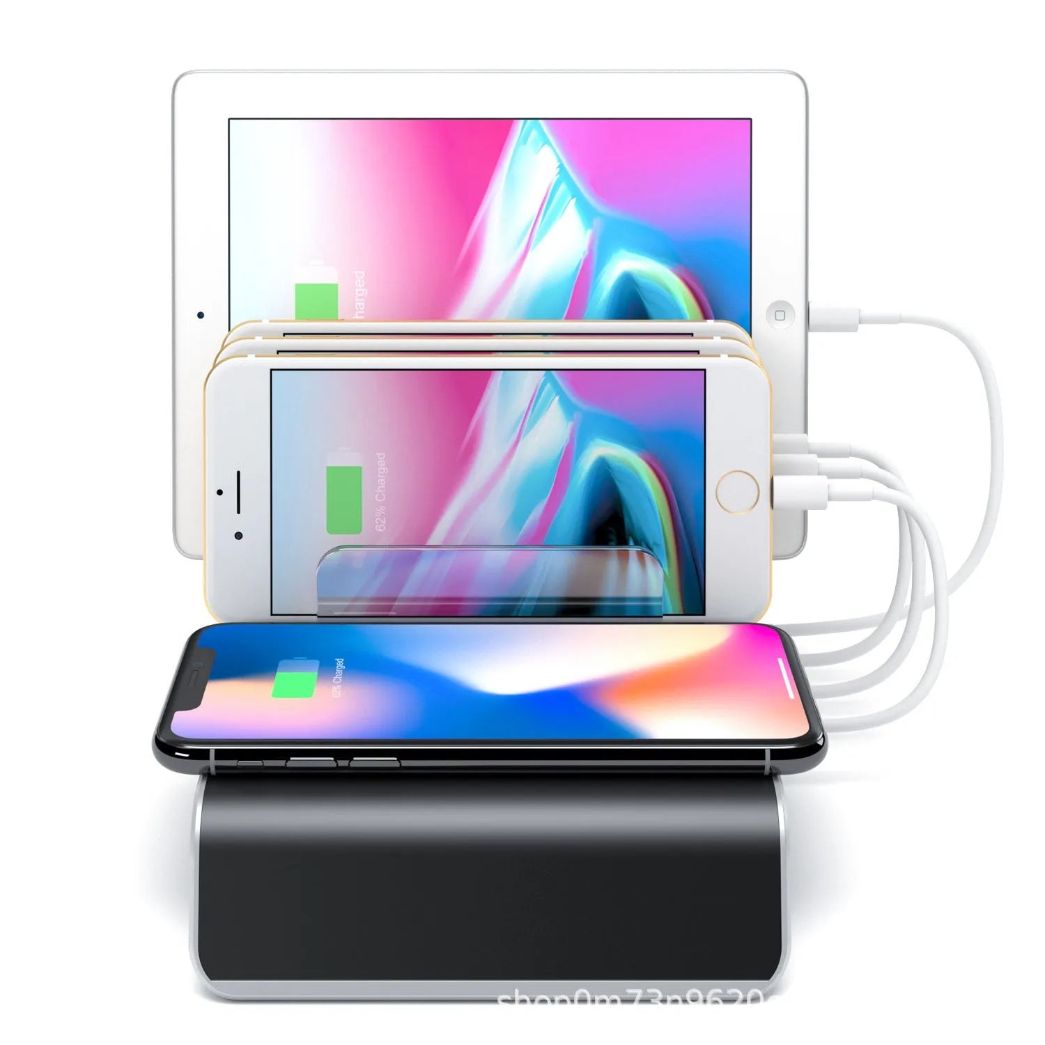 Black universal charging stand base for mobile phones and tablets on a desk.
