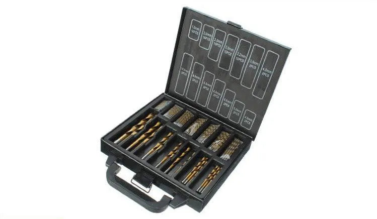 Set of high speed steel titanium plated twist drills in black finish with various sizes