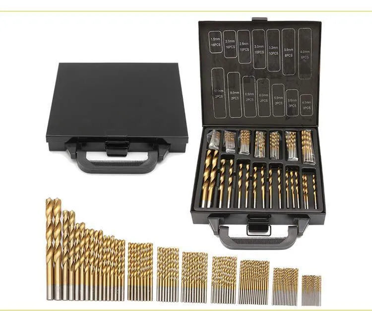 Set of high speed steel titanium plated twist drills in black finish with various sizes