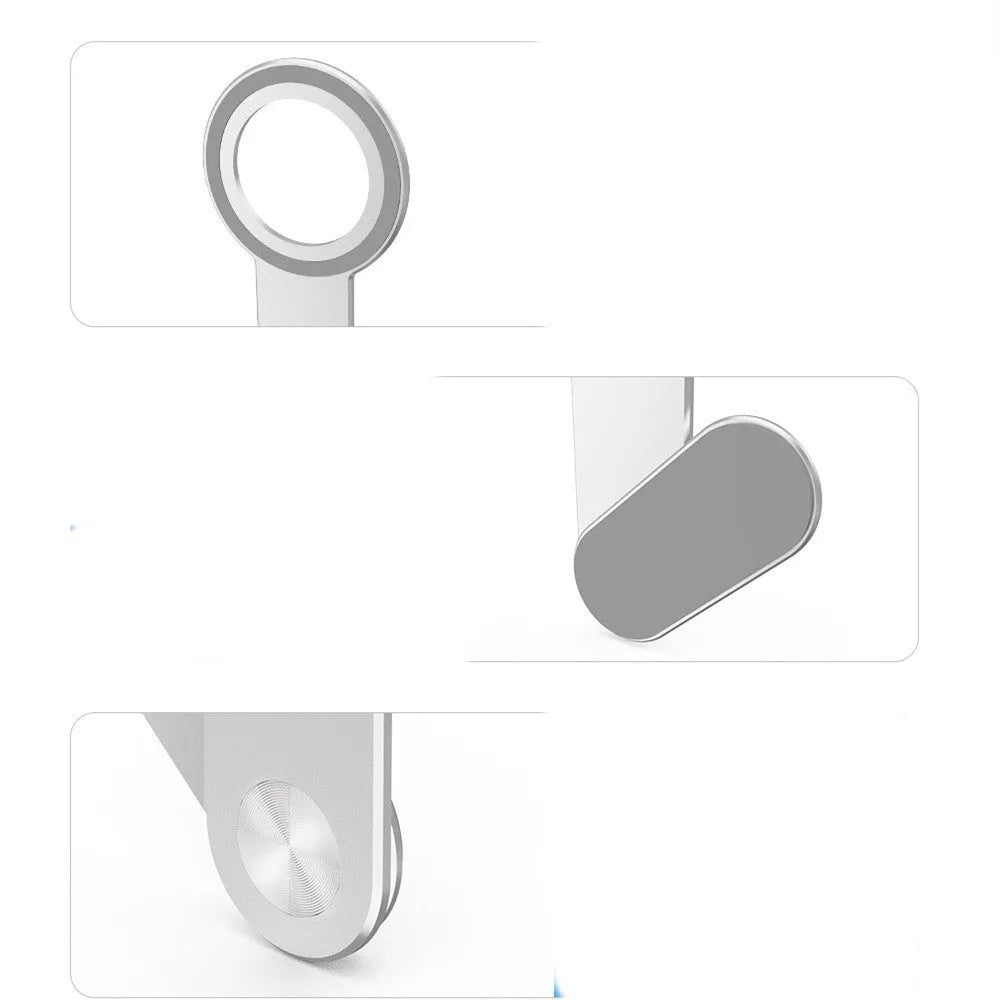 Metallic silver aluminium alloy mobile phone holder for Apple iPhone on a desk