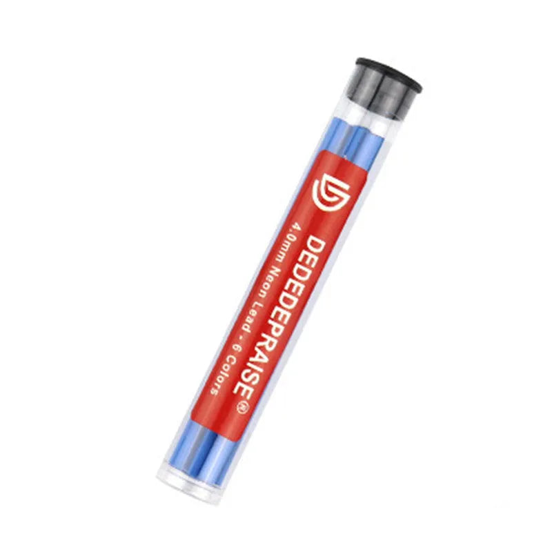 4.0mm mechanical drawing pencil with six tubes of coloured lead refills in blue green orange yellow rose red orange red