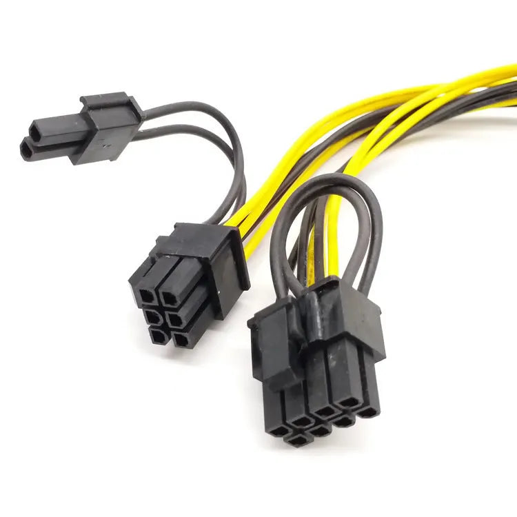 Yellow graphics card power adapter cable with 6-pin plug and two 8-pin (6+2) connectors