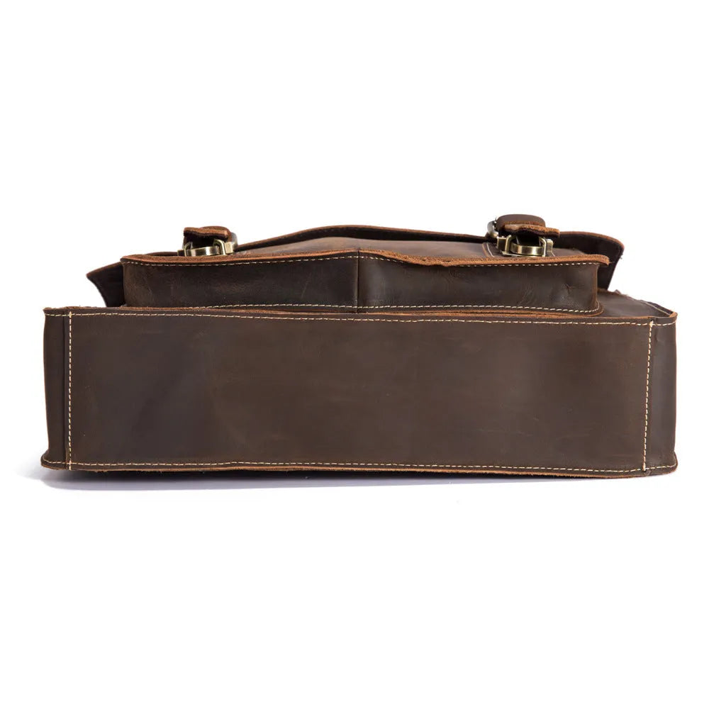 Men's first layer crazy horse leather handbag in dark brown, 36cm x 9cm x 27cm shoulder messenger bag