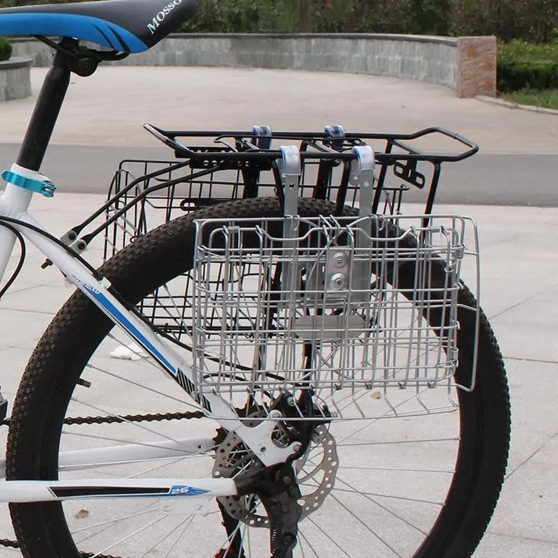 Folding steel bicycle basket in black finish with dimensions 32.5x20x22 cm for mountain road and folded bikes