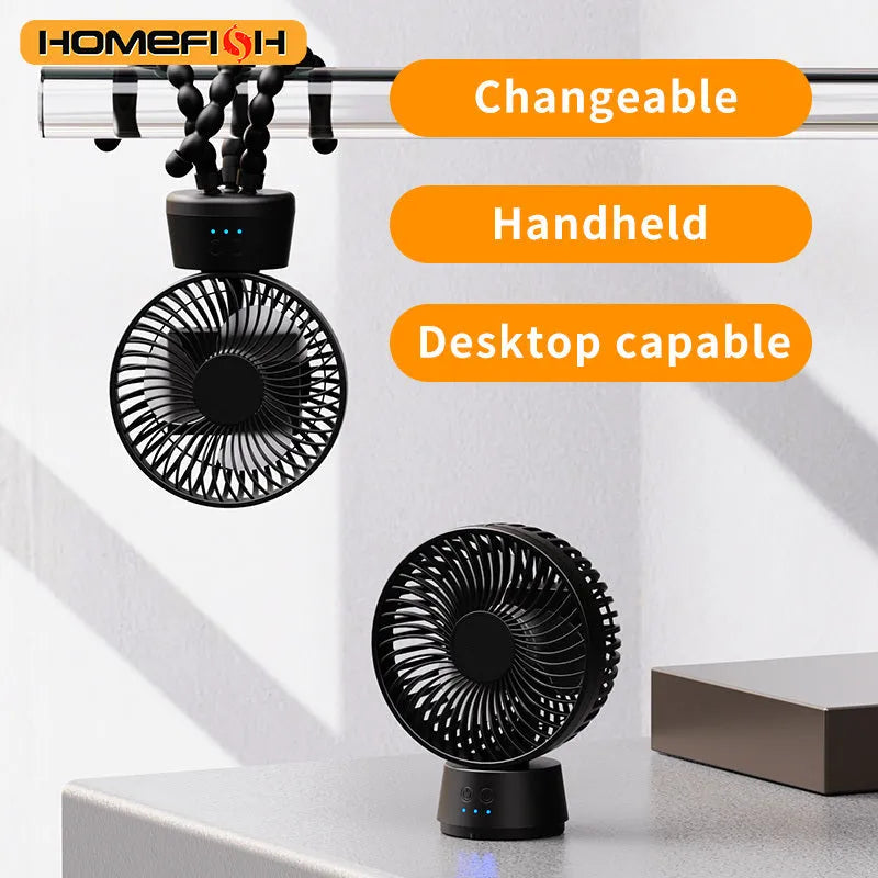 HOMEFISH F2 automatic head shaking portable fan with removable bracket and LED light on a table