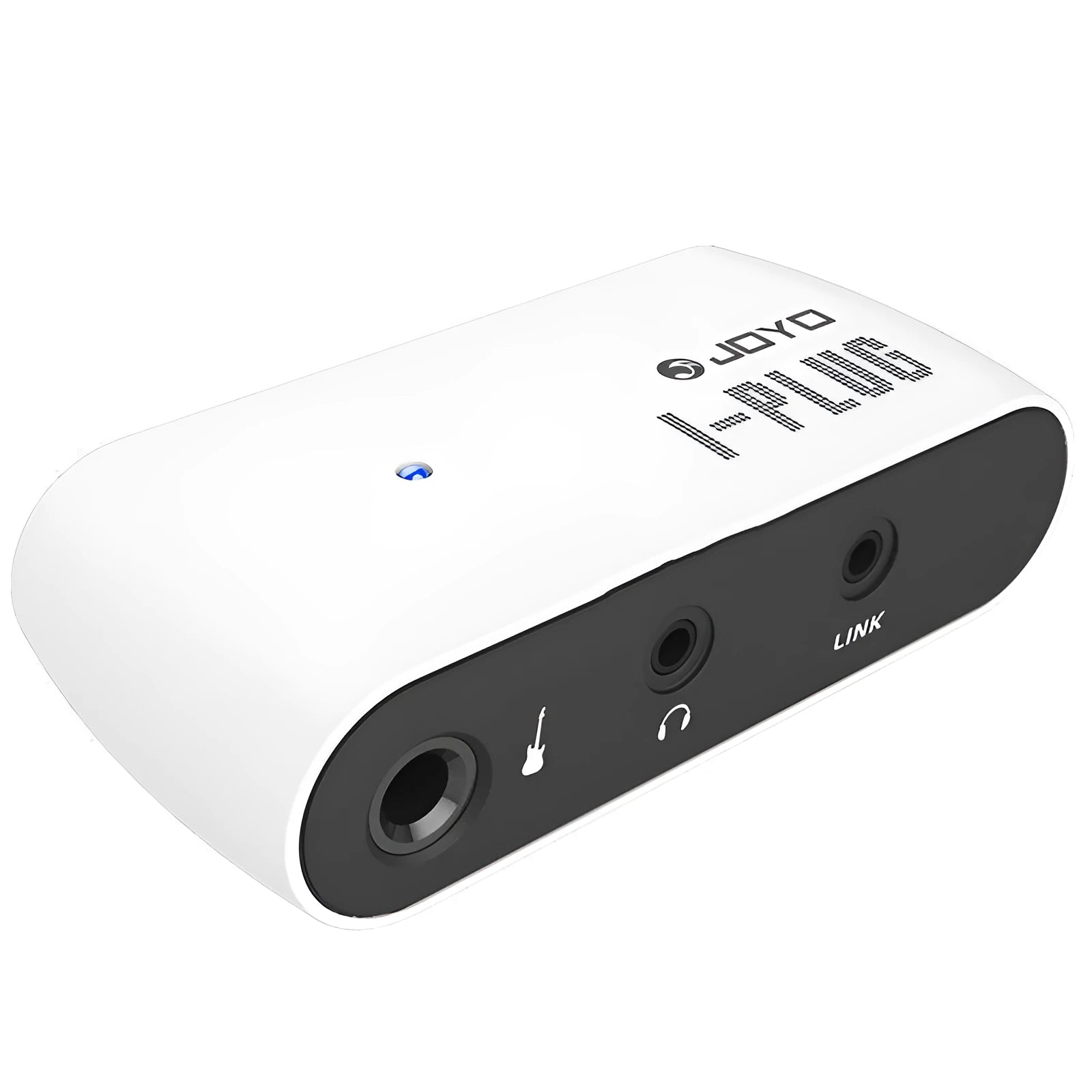 White metal portable headphone amplifier with multi-effects distortion, shown with batteries and connector.