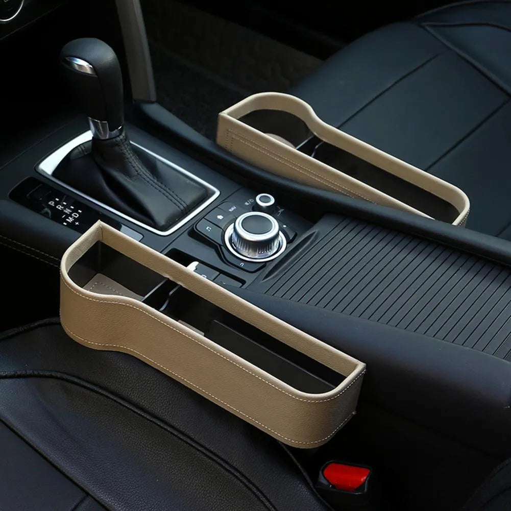 PU leather car seat gap storage box in black, universal fit, 26 x 16.5 x 20cm, with coin and cup holder sections