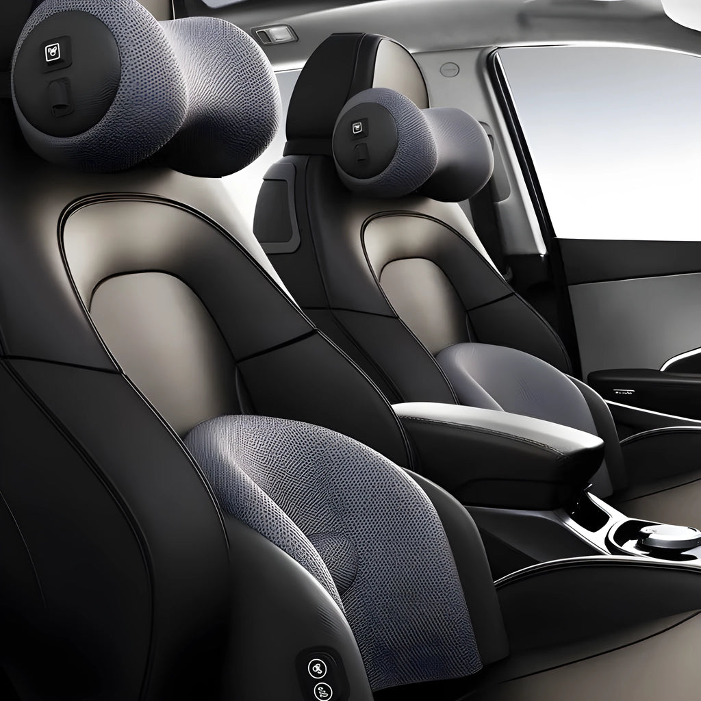 Car massage waist cushion and headrest with memory cotton construction in classic black colour