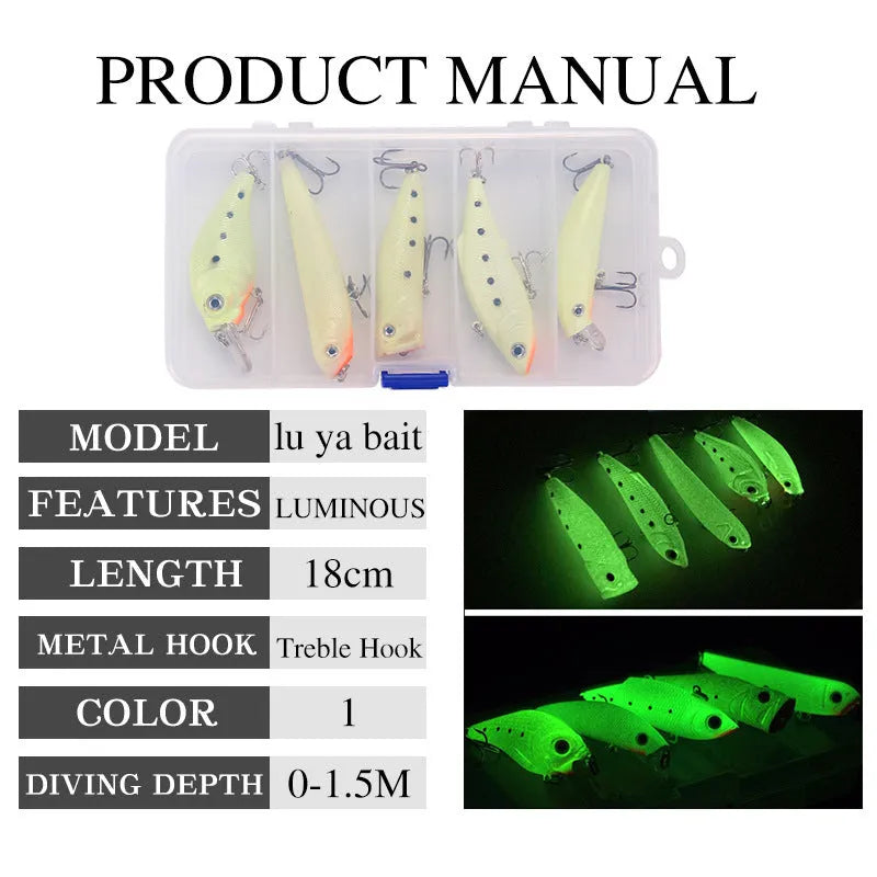 Set of five 3D fluorescent hard fishing lures with luminous finishes in assorted colours