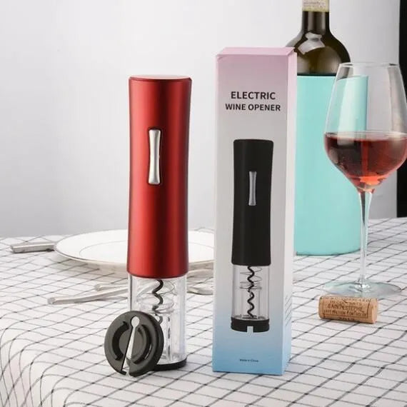 Black electric wine opener with automatic corkscrew and foil cutter on white background