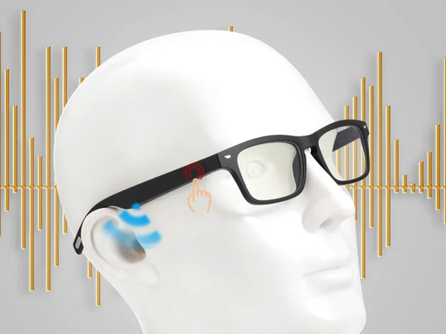 Unisex Bluetooth compatible smart glasses with open-ear design on a glasses case, with USB cable.