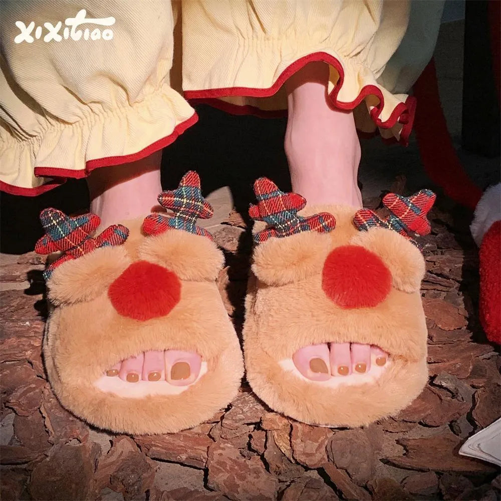 Brown suede slippers with cartoon deer design, flip-flop style with PVC sole