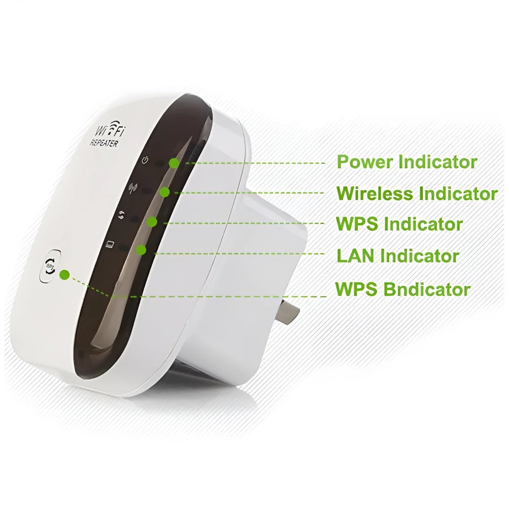 White and black 300Mbps WiFi repeater for UK plug with 2dBi antennas and Ethernet port
