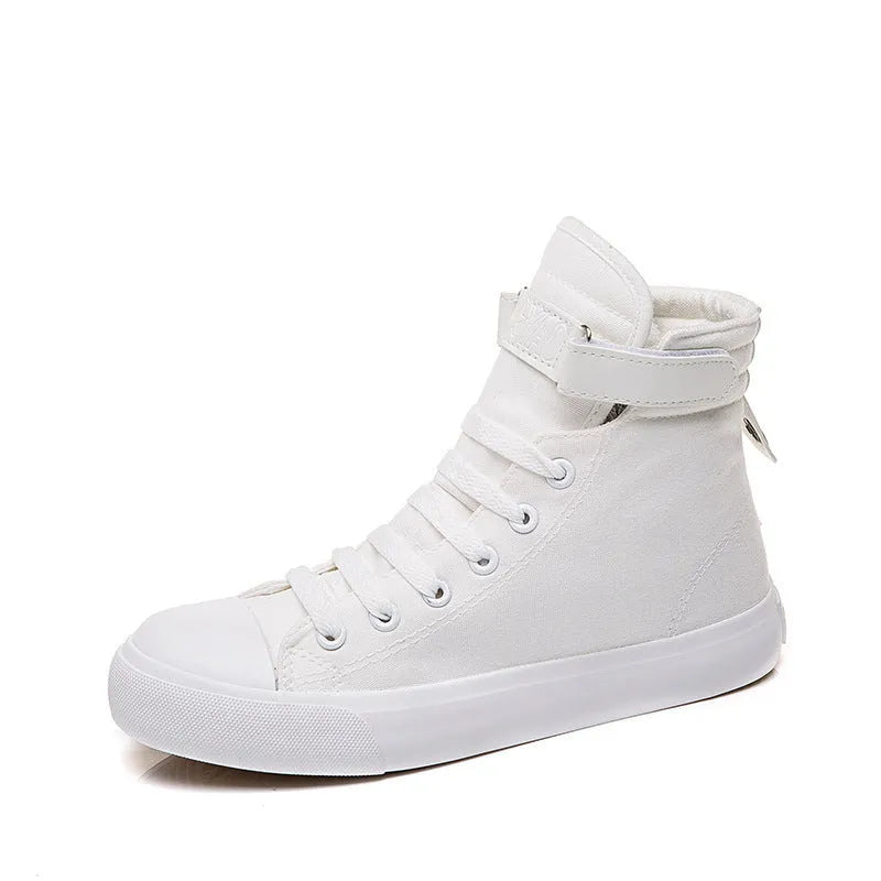 Velcro student canvas shoes high top with canvas upper, rubber vulcanised sole, round toe, and flat heel in black, grey or red and white.
