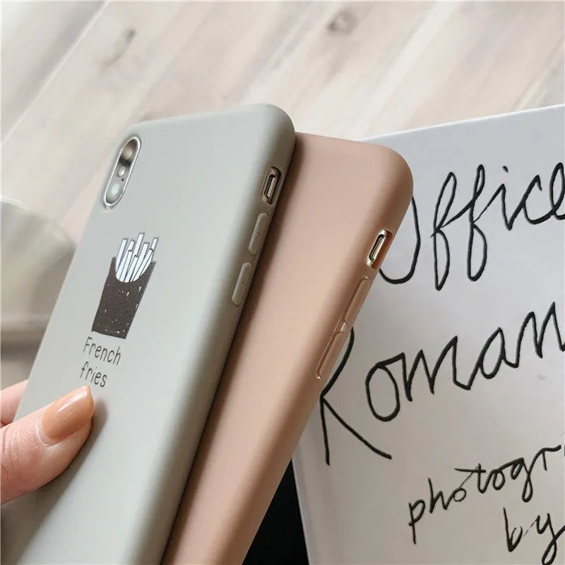 Soft matte silicone iPhone case showing coffee and fries couple design patterns.