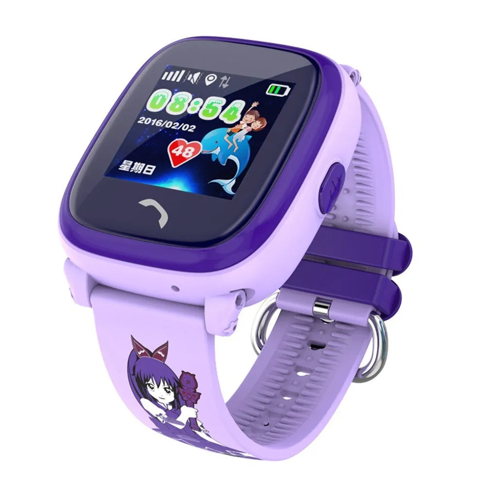 Blue children's waterproof smartwatch with touch screen and silicone wristband showing GPS tracking display