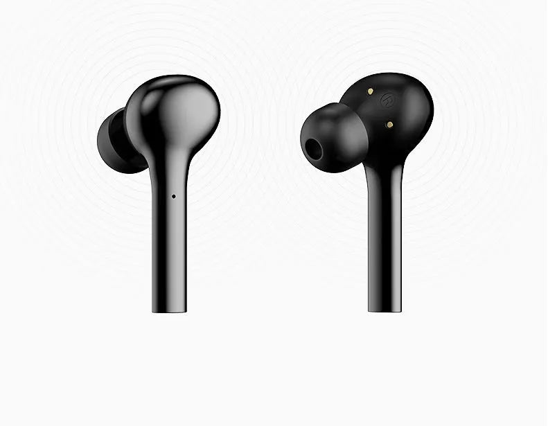 Black and white wireless touch control earbuds with a charging case on a table.