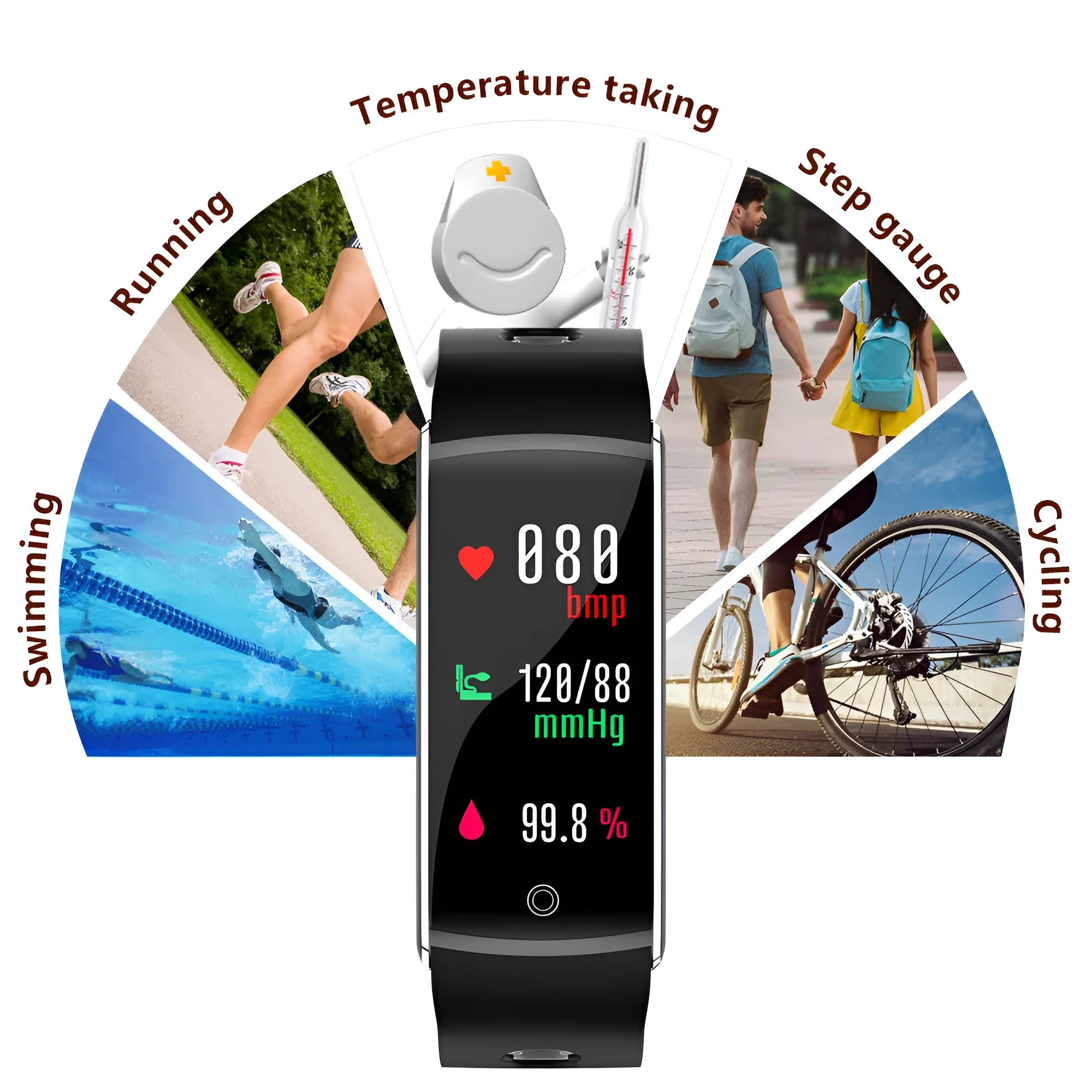 F10T body temperature smart bracelet with 0.96-inch screen in black orange red or green colours on silicone wristband