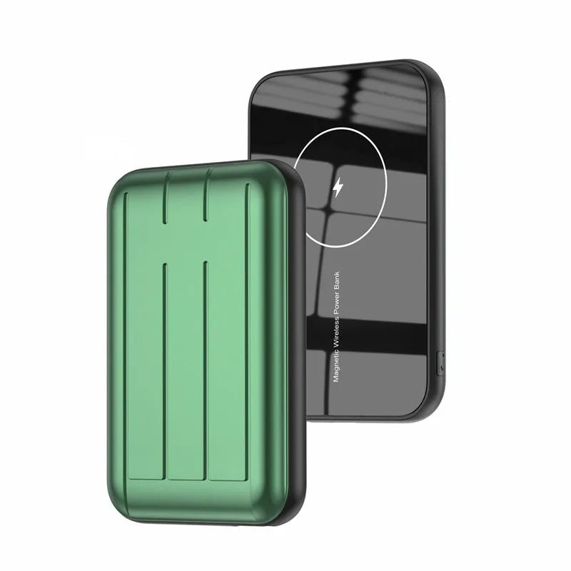 Blue magnetic wireless charging power bank showing dimensions and multiple USB ports