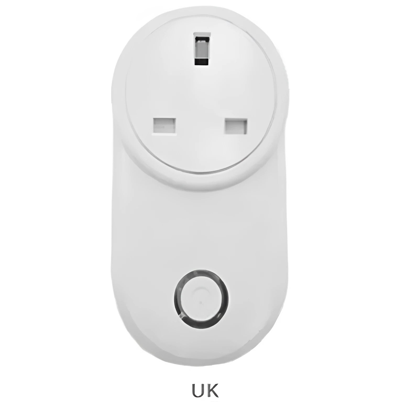 White Wi-Fi smart socket with UK or US plug, shown with ewelink app on phone.