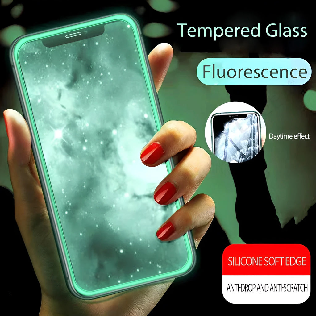 Luminous full cover tempered glass screen protector glowing softly next to an iPhone.