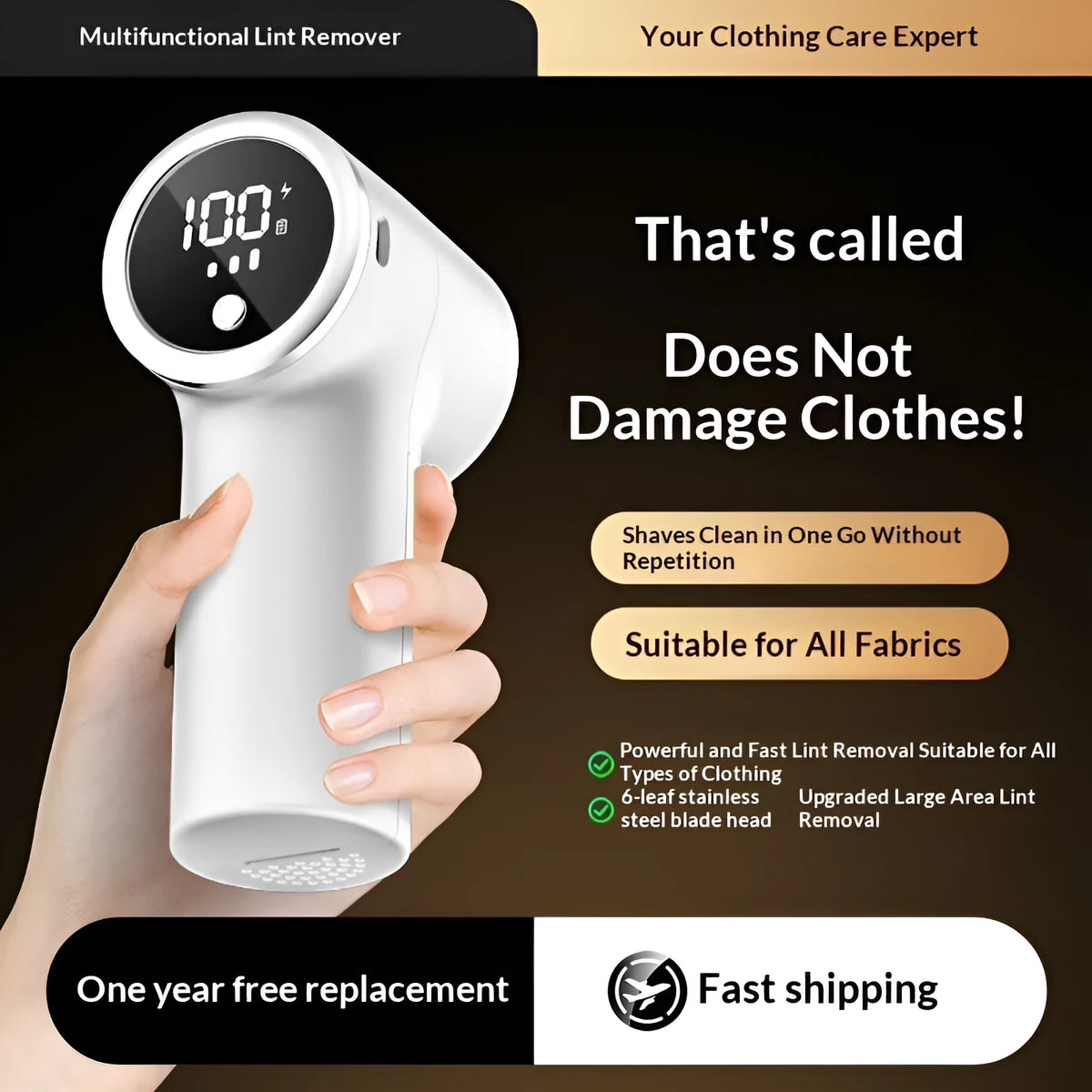 Fur ball trimmer with digital display in ivory white ABS, shown with Type-C cable, spare blade, and cleaning brush