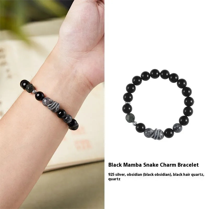 Men's S925 sterling silver bracelet with obsidian black crystal and retro snake design