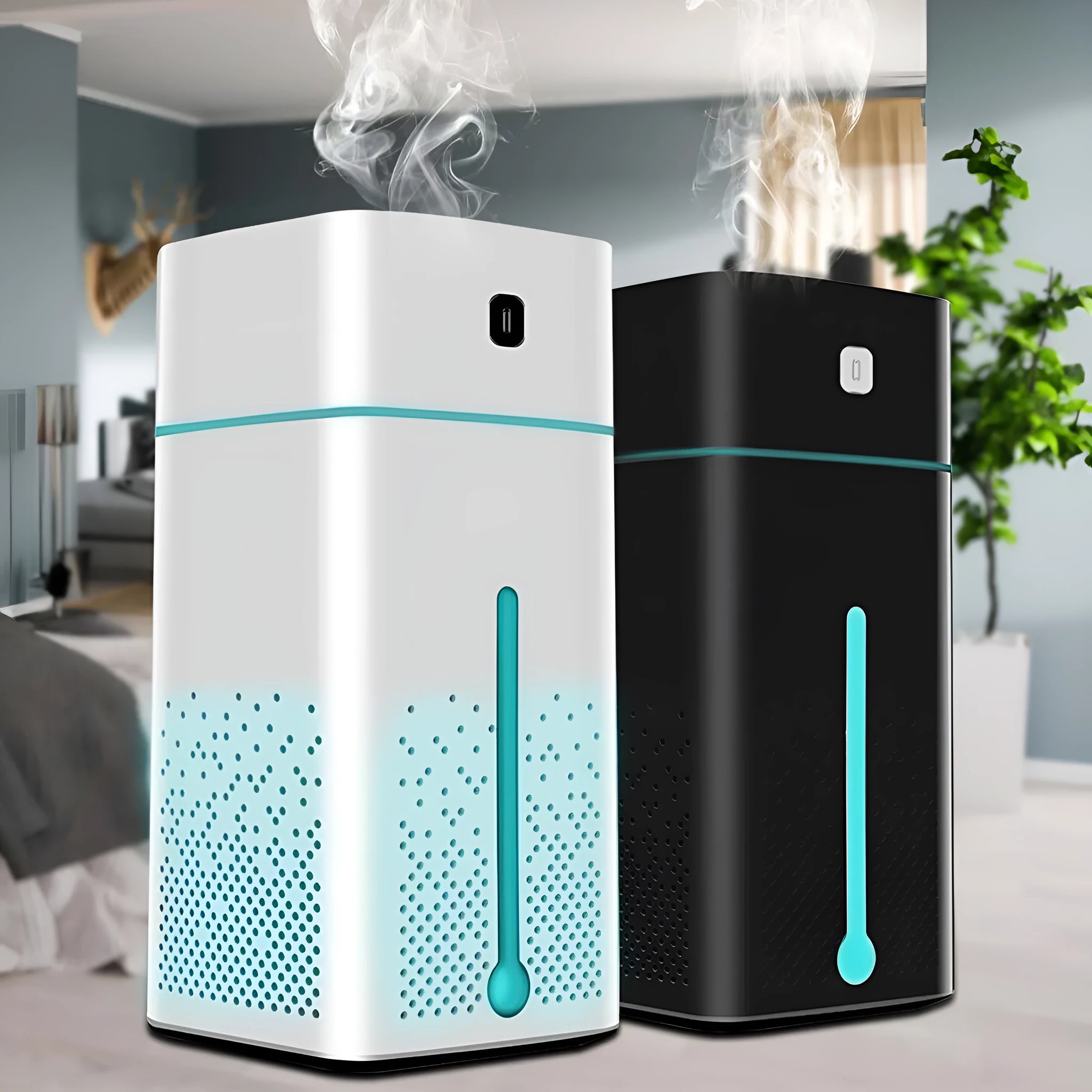 Black and white USB desktop humidifier with 1000ml water tank on a desk.