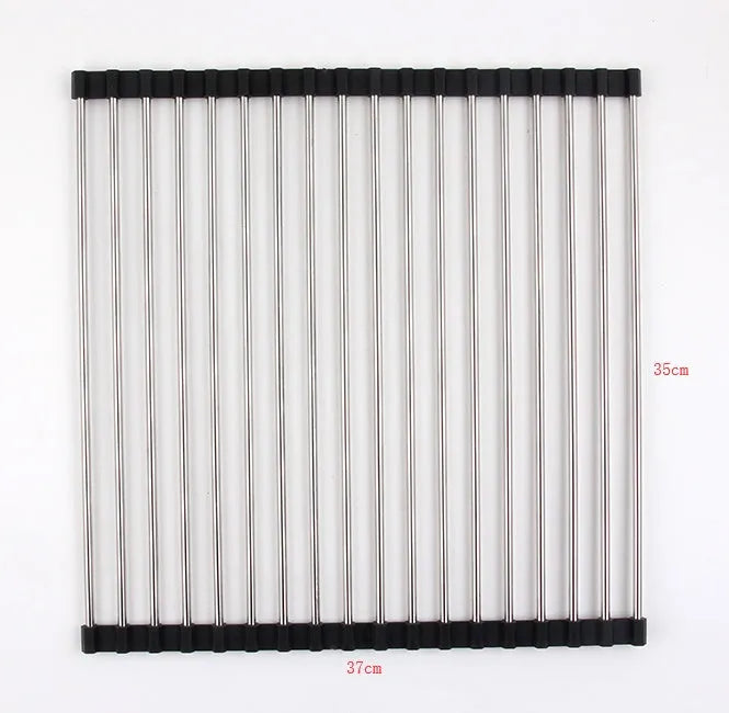 Folding stainless steel kitchen sink drying rack in red colour, shown extended for use.