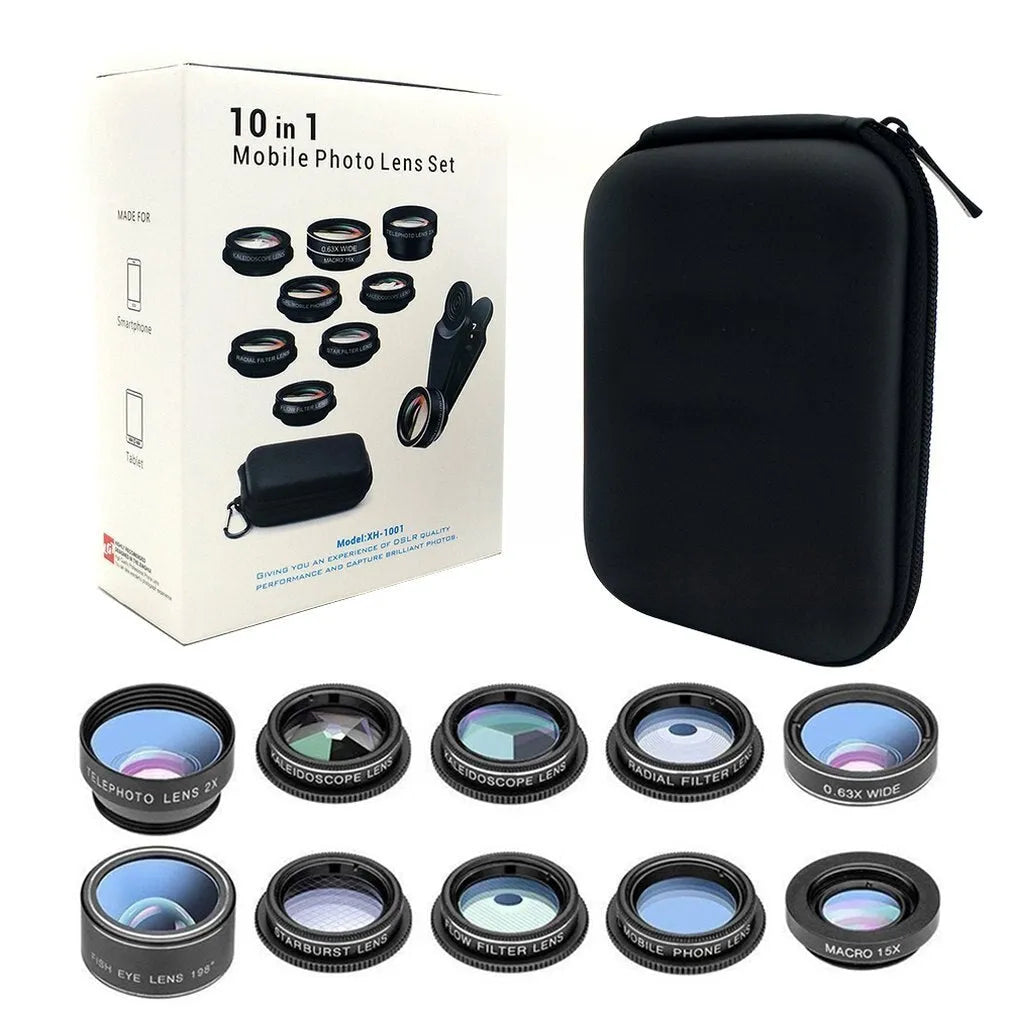 Ten-in-one mobile phone camera lens set with black aluminium-magnesium alloy housing and HD glass optics